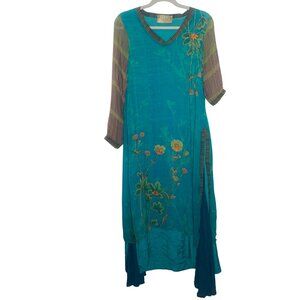 Handcrafted Kalki Turquoise & Green Floral Embroidered Tunic Dress Striped Sleev